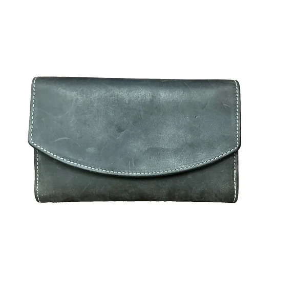 RFID Womens Dar Gray Soft Leather Bi Fold Wallet Snap Closure Card Slots Classic - Picture 1 of 11